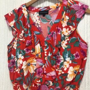 Cynthia Rowley Floral Ruffle Top‎ Red Sleeveless Blouse Smocked Waist